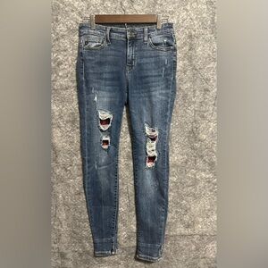 Judy Blue Jeans Womens 3  26 Skinny Fit Destroyed Plaid Patchwork Ripped Stretch